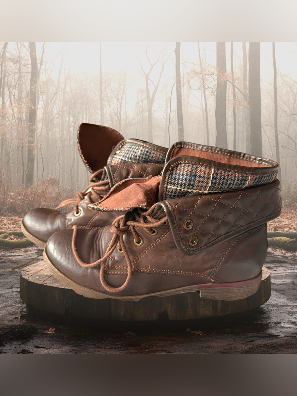 Nine West Brown Quilted Fold-Over Lace-Up Boots
